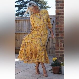 H&M JOHANNA ORTIZ YELLOW FLORAL LONG MIDI MAXI RUFFLE CREPE DRESS